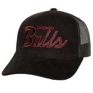 Mitchell & Ness Black Chicago Bulls Times Up Classic Script Cord Trucker Hat NWT